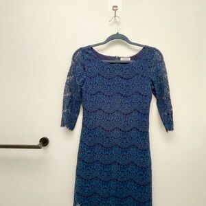 Barneys New York Blue Lace Dress with Cuffed Sleeves